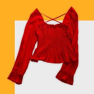 Tomato Red S/M/L Poet Sleeve Cross Back Blouse Top